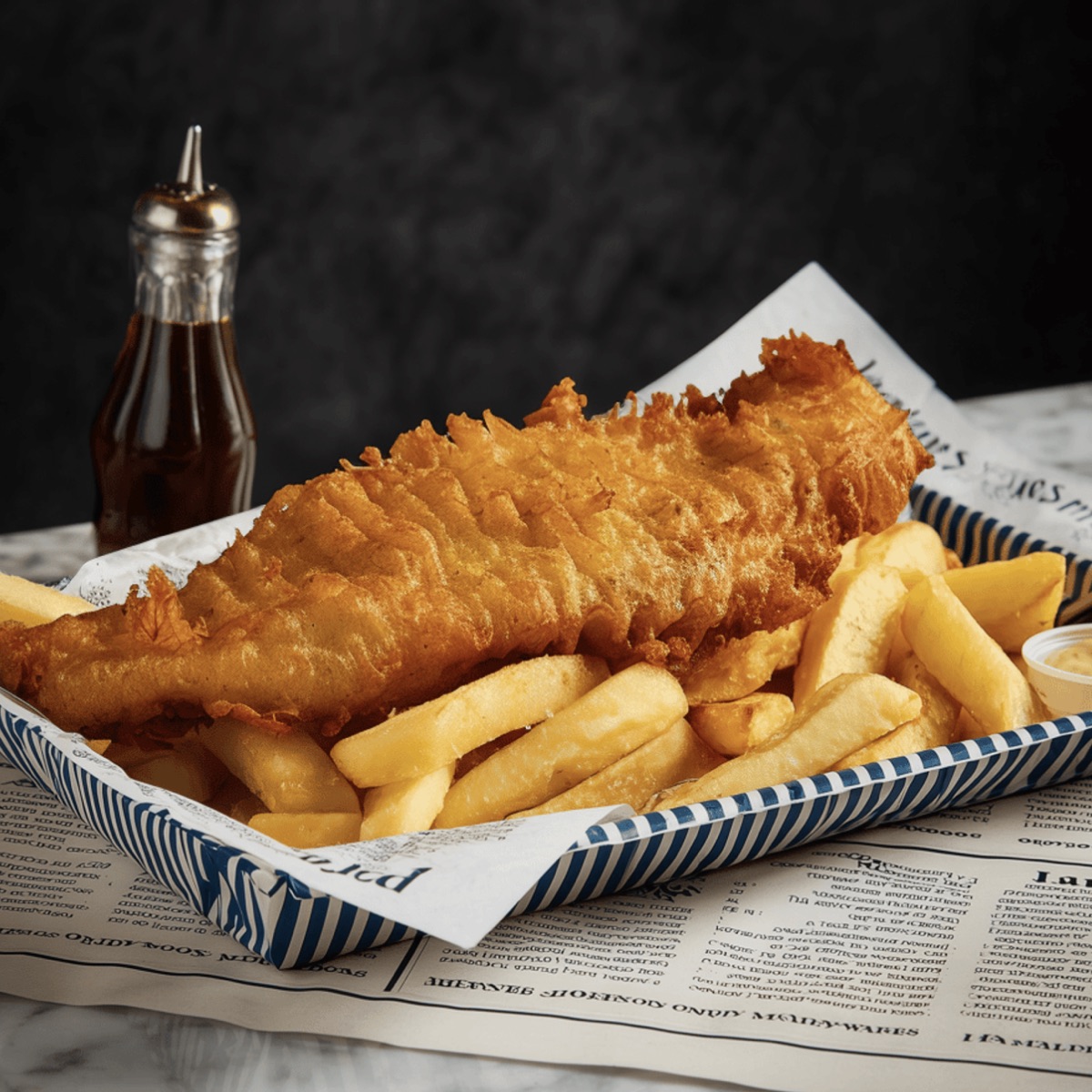 Golden battered fish and chips in a striped tray on newspaper