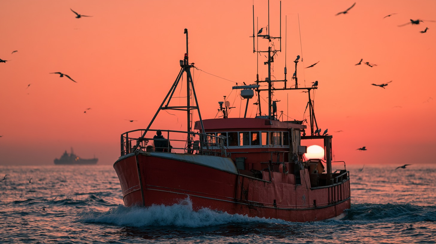 A deep blue fishing trawler at anchor on a calm misty sea
